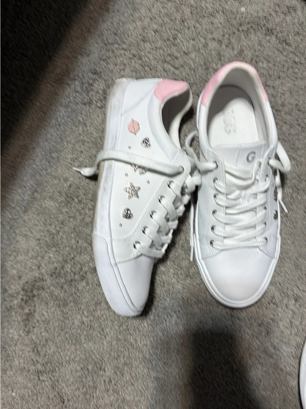 Guess White Sneakers with Pink Heel and Metallic Stud Accents